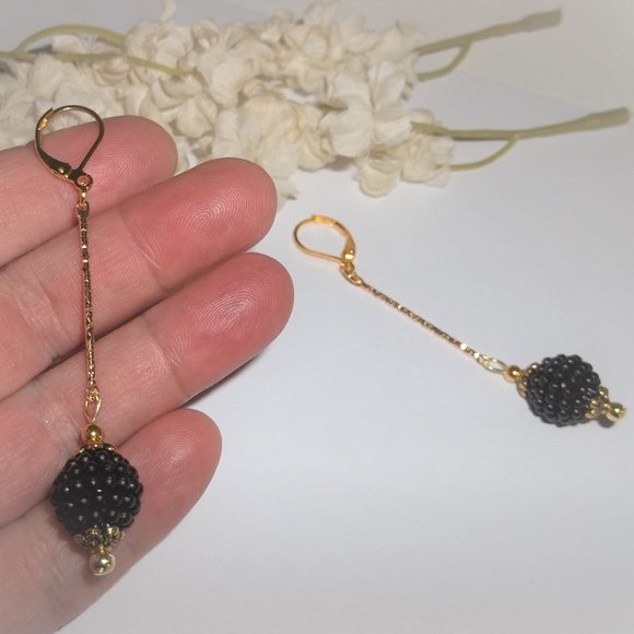 Long Beaded Earrings Black & Gold Bar Stick Set Pair Dangle Drop Elegant 6980 - Picture 7 of 10